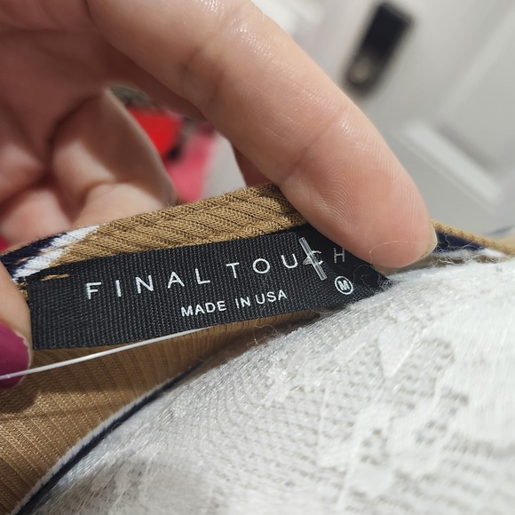 NWT Final Touch Ribbed Knit Tie Front Top M Tan Black White Stripes USA Made‎ - Picture 8 of 10